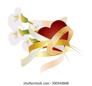 Wedding or matrimony, christian sacrament of matrimony religious vector symbol illustration, with interlaced rings, ribbon, cross, flowers and a heart.