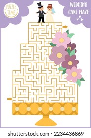 Wedding maze for kids with big cake, bride and groom figurines. Marriage ceremony preschool printable activity. Matrimonial labyrinth game, puzzle with dessert and flowers
