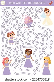 Wedding maze for kids with bride, flowers and bridesmaids. Marriage ceremony preschool printable activity. Matrimonial labyrinth game, puzzle with cute girls in gowns. Who will get the bouquet
