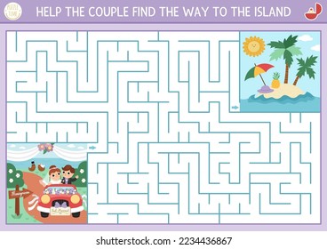 Wedding maze for kids with bride and groom going to honeymoon. Marriage ceremony preschool printable activity. Matrimonial labyrinth game, puzzle. Help couple find the way to the island
