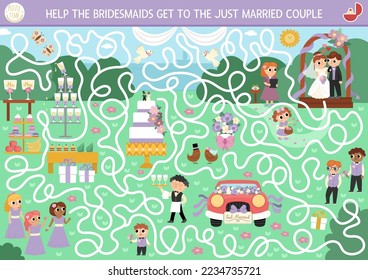 Wedding maze for kids with bride, groom, cake, guests. preschool printable activity with marriage ceremony scene. Matrimonial labyrinth game, puzzle. Help bridesmaids get to just married couple
