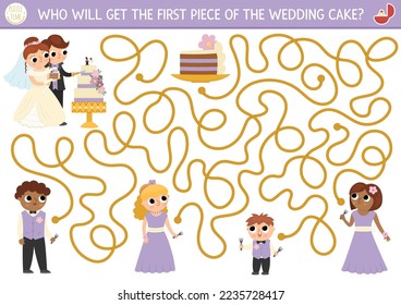 Wedding maze for kids with bride and groom cutting the cake. Marriage ceremony preschool printable activity. Matrimonial labyrinth game, puzzle with guests. Who will get the first piece of dessert
