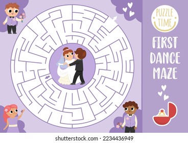 Hochzeitslabyrinth für Kinder mit tanzender Braut und Bräutigam. Ehezeremonie vorschulische druckbare Tätigkeit. Matrimonial labyrinth game. Puzzle mit nur verheirateten Paaren und ihrem ersten Tanz
