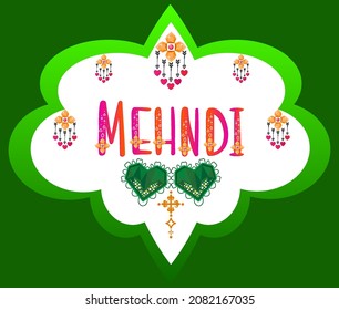 Wedding mehndi ceremony signboard. Marriage banner. Wedding label gradient word art sticker. Floral heart and gemstone vector illustration.