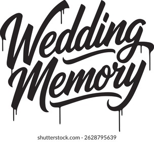 "Wedding Memory " in highly stylized white brush script font, dynamic and flowing graffiti-style 
calligraphy, centered on a perfectly solid black background with no gradients or textures, 
sharp edge