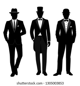 Wedding men s suit and tuxedo. Gentleman. Collection. The groom. Vector illustration.