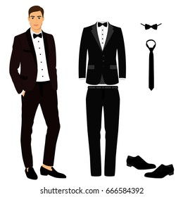 Wedding men's suit with shoes, tuxedo. Collection. Vector illustration.