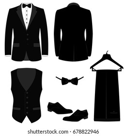 Wedding men's suit with shoes, tuxedo. The man's jacket. Waistcoat. Collection. Vector illustration.