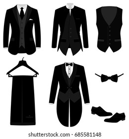 Wedding Men's Suit With Shoes, Tuxedo. Mens Jacket. Waistcoat. Collection. Vector Illustration.