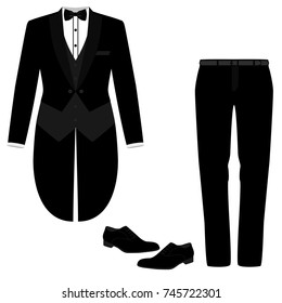 Wedding men's suit with shoes, tuxedo. Collection. Vector illustration