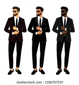 Wedding men's suit and tuxedo. Collection. The groom. Gentleman. Businessman. Clothing. Vector illustration