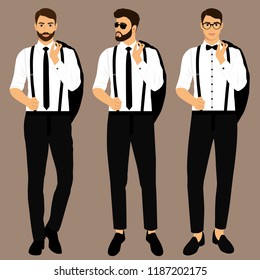 Wedding men's suit and tuxedo. Collection. The groom. Gentleman. Businessman. Clothing Vector illustration