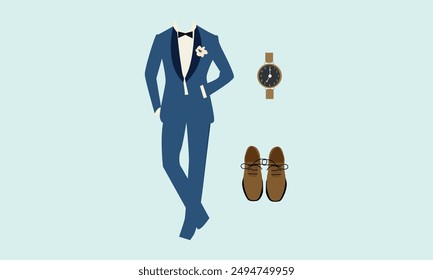 Wedding men's suit and tuxedo. Collection. Vector illustration.