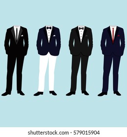 Wedding men's suit and tuxedo. Collection. Vector illustration.