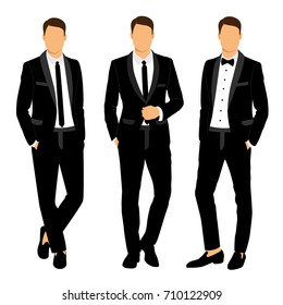 Traje y esmoquin para hombres casados. Colección. El novio. Ilustración vectorial.