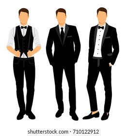 Wedding men's suit and tuxedo. Collection. The groom. Vector illustration.