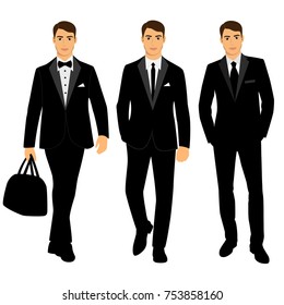 Wedding men's suit and tuxedo. Collection. Men's Clothing. The groom. Vector illustration.