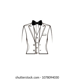 Wedding mens suit, tuxedo, elegant costume. Bow tie. Groom. Fathers day greeting card design. Vector illustration