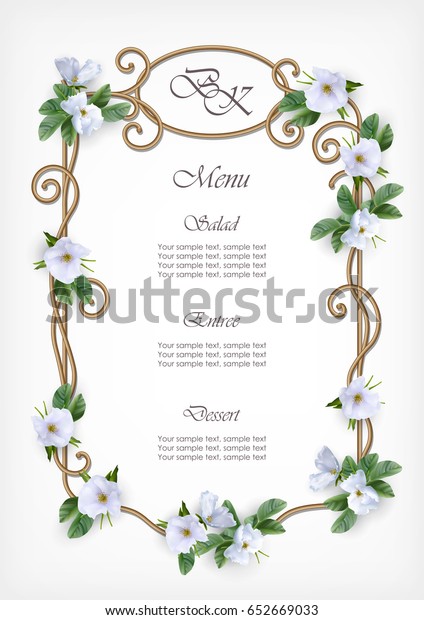 Wedding menu card with decorative golden frame\
and white summer\
flowers