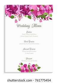 El diseño de la carta de bodas, decorado con flores rosas.