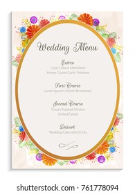 Wedding menu card design, decorated with flowers and golden frame.