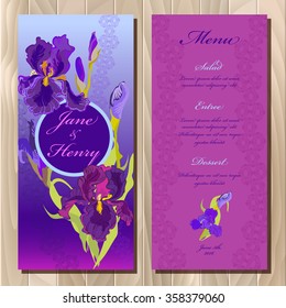 Wedding menu card with iris flowers and lace stripe, vector background. Iris printable backgrounds set. Violet, blue, purple vertical vignette design. Vector illustration. Bride and groom name place.