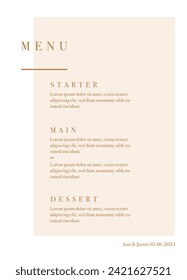 Wedding menu card. Luxury dinner menu. For a wedding or other holiday