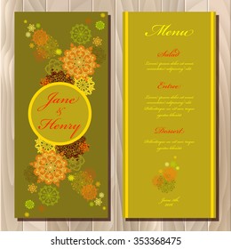 Wedding menu card with red, gold, yellow snowflakes and stars and green and pistachio background. background. Printable abstract vertical design set. Vector illustration. 