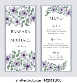 Wedding menu card with sakura cherry blossom flower decoration. Floral card with purple bouquet.