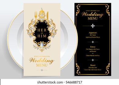Wedding Menu Card Templates With Gold Patterned And Crystals On Paper Color.