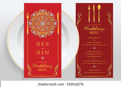 wedding Menu card templates with gold patterned and crystals on paper color.