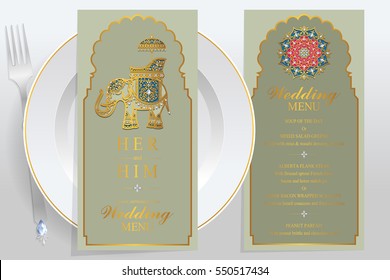wedding Menu card templates with gold patterned and crystals on paper color