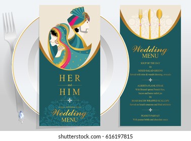 wedding Menu card templates with Indian man and woman in traditional clothes on paper color.