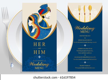Wedding Menu Card Templates With Indian Man And Woman In Traditional Clothes On Paper Color.