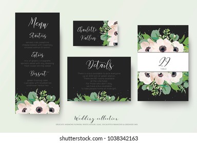 Wedding menu, details information, escort place card table number design with watercolor light pink anemone flowers, eucalyptus leaves, white lilac flowers, greenery decoration on dark grey background