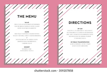 Wedding Menu and Directions Card with stripes in pink and black on pink background. Vector and illustration design.