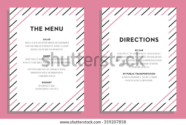 Wedding Menu\
and Directions Card with stripes in pink and black on pink\
background. Vector and illustration\
design.
