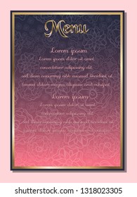 Wedding menu, flower background and gold frame. Vector illustration