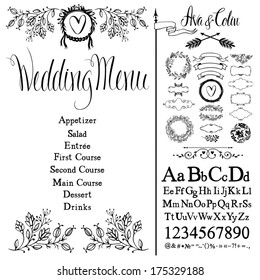 Wedding Menu, Flowers, Font Set And Design Elements Set