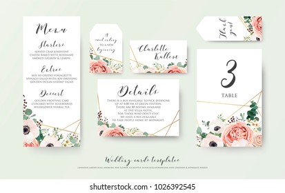 Wedding menu, information, label, table number and place card design with elegant lavender pink garden rose, anemone, wax flowers eucalyptus branches, leaves & cute golden pattern. Vector template set