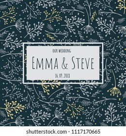 Wedding menu, information, label, table number and place card design with elegant lavender pink garden rose, anemone, wax flowers eucalyptus branches, leaves & cute golden pattern. Vector template set