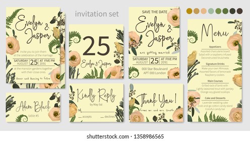 Wedding menu, information, label, table number and place card design with eustoma  cream flowers, brunia, green fern, eucalyptus, branches, pattern. Vector template set
