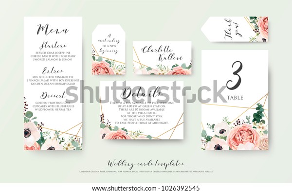 Wedding menu, information, label, table number and
place card design with elegant lavender pink garden rose, anemone,
wax flowers eucalyptus branches, leaves & cute golden pattern.
Vector template set