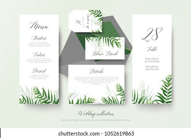 Wedding menu, label, place card, details, table number cards floral design with green tropical forest palm leaves, eucalyptus branches, greenery herbal decoration. Beautiful botanical woodsy style set