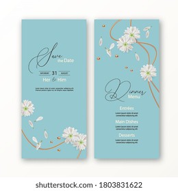 Wedding Menu Template. Modern abstract banner with flower, petals and gold decor elements