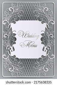 Wedding menu template for papercut, laser cutting and printing. Openwork forms with through cutting. Vector design for wedding, anniversary, party.