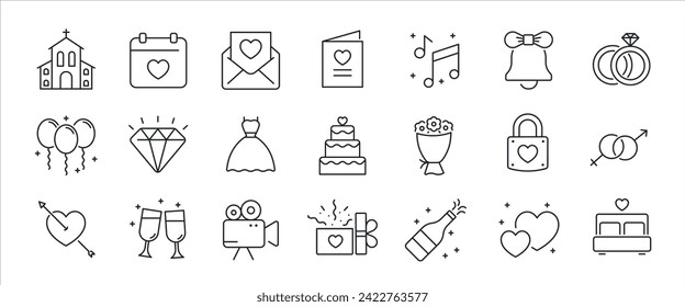 Wedding minimal thin line icons. Related love, merried, marriage, invitation. Vector illustration.