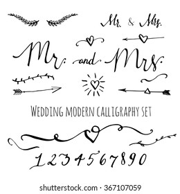 Wedding modern calligraphy and decorative elements set. Collection of vector hand drawn words, numbers, signs and symbols: hearts, arrows, branches.