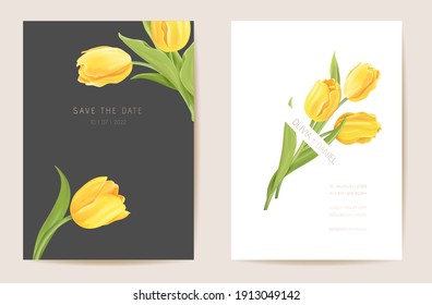 Wedding modern tulip flower Save the Date set. Vector minimal spring floral invitation card. Realistic template frame, foliage cover, summer background, trendy design, luxury brochure