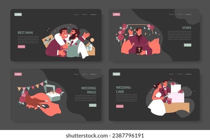 Wedding moments set. Groom's best man shares a jovial moment, bride and groom exchange rings, priest officiates wedding vows, couple slices cake. Joyous celebrations. Flat vector illustrations.